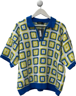 boohooMan White Short Sleeve Boxy Fit Revere Crochet Polo UK M