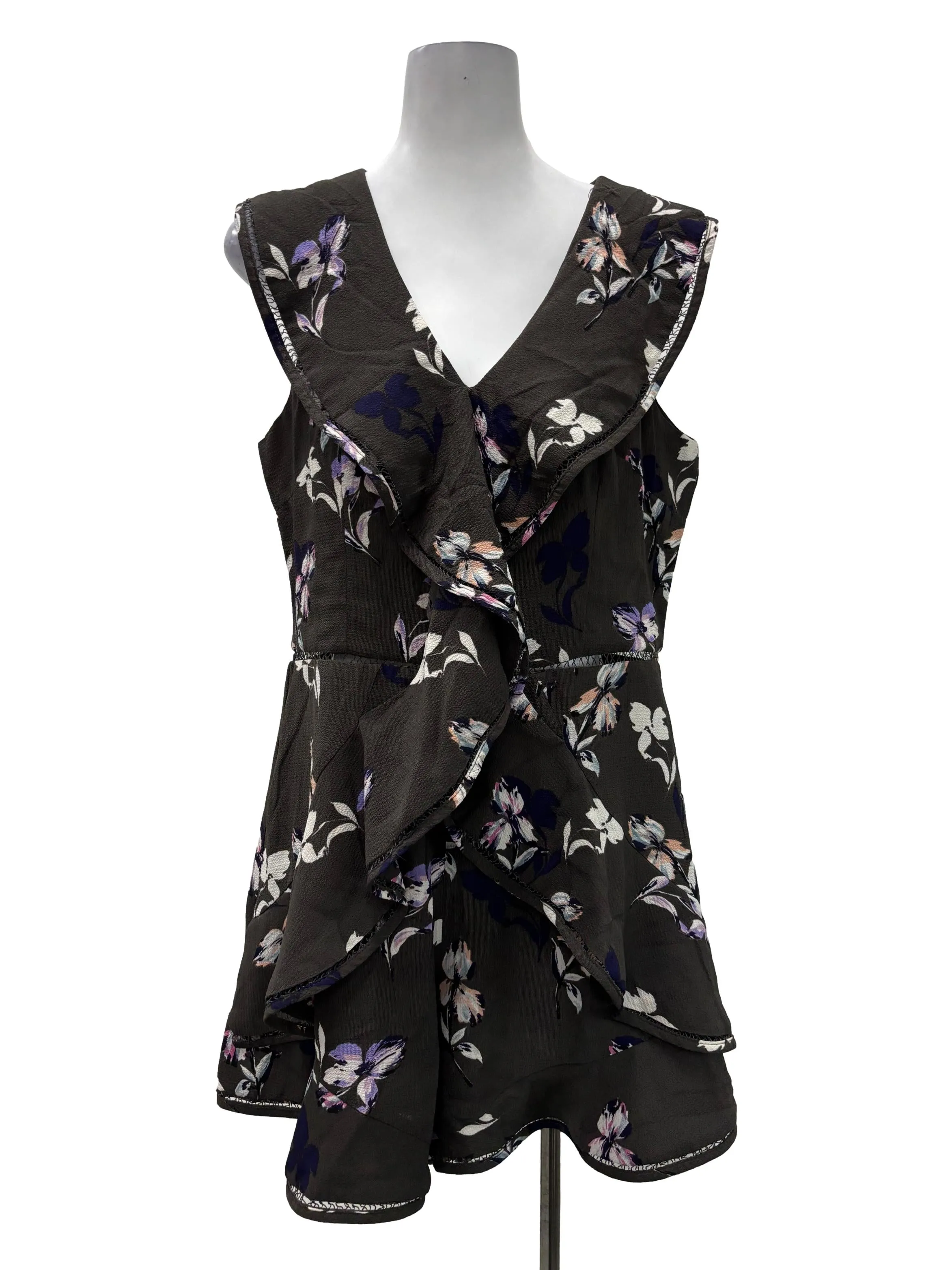 Brown Ruffle V-Neck Collar Floral Romper