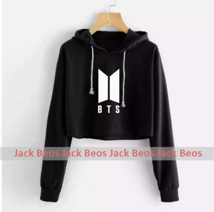BTS Black Pullover Croped Hoodie For Women Long Sleeve
