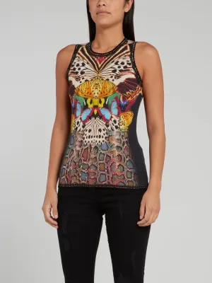 Butterfly Print Lace Edge Knitted Tank Top