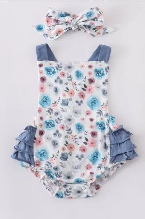 Chambray Ruffled Floral Romper