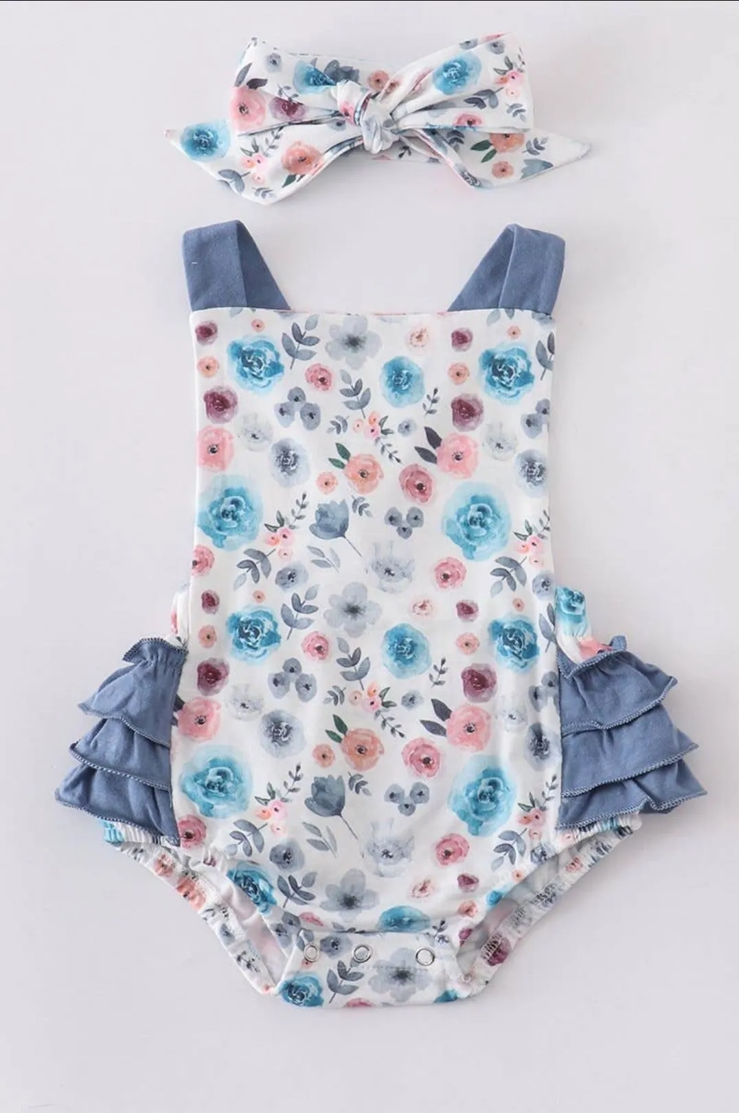 Chambray Ruffled Floral Romper