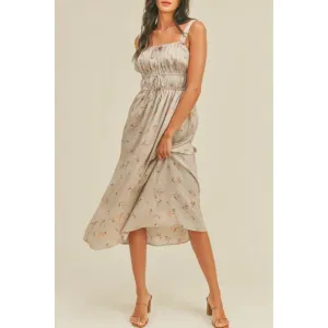 champagne floral satin midi dress