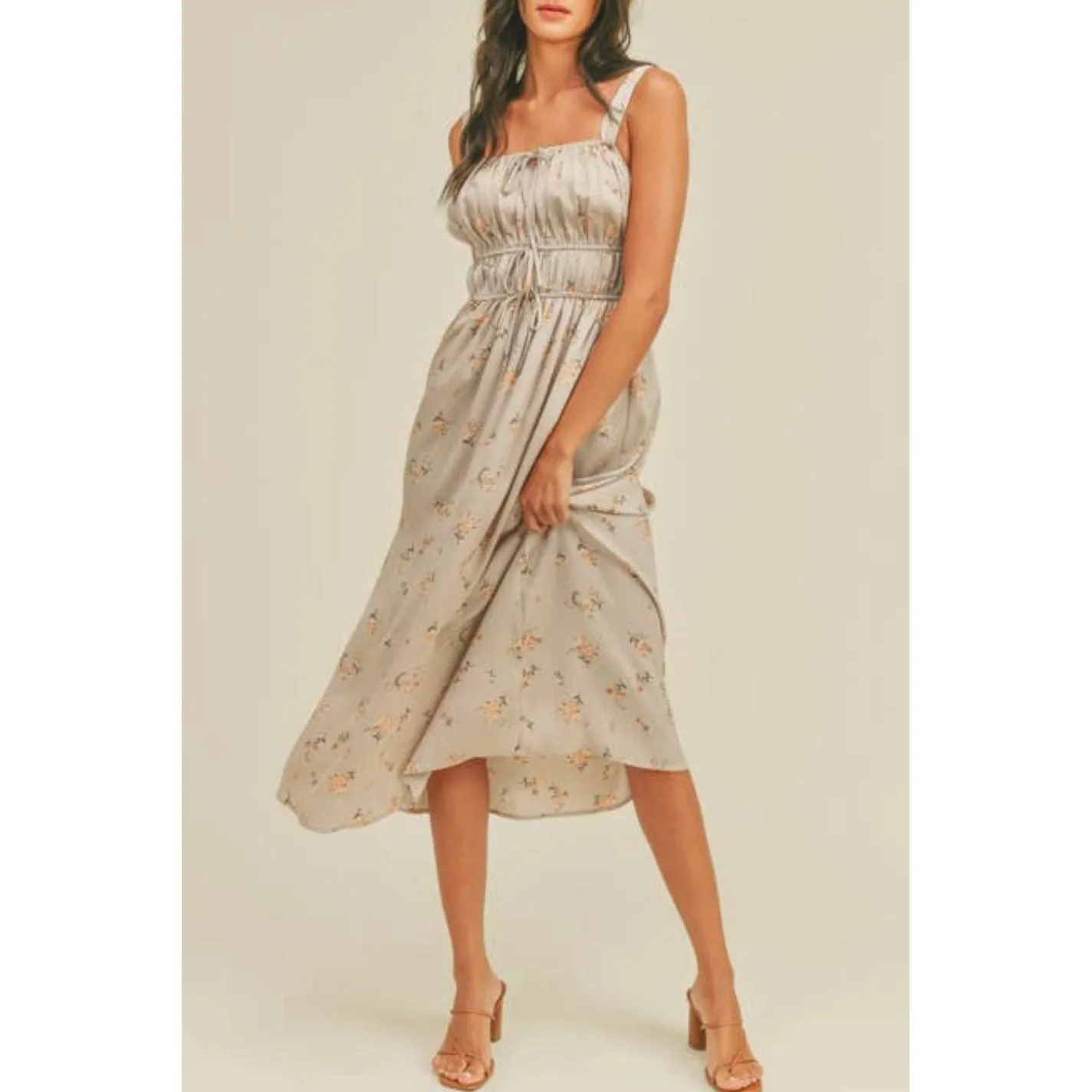 champagne floral satin midi dress