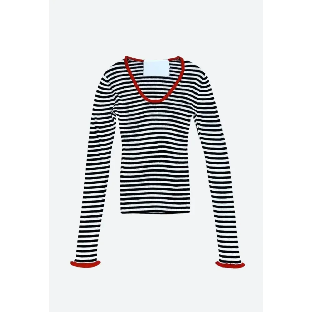 Chic Black and White Stripe Top with Scoop Neckline and Red Trim