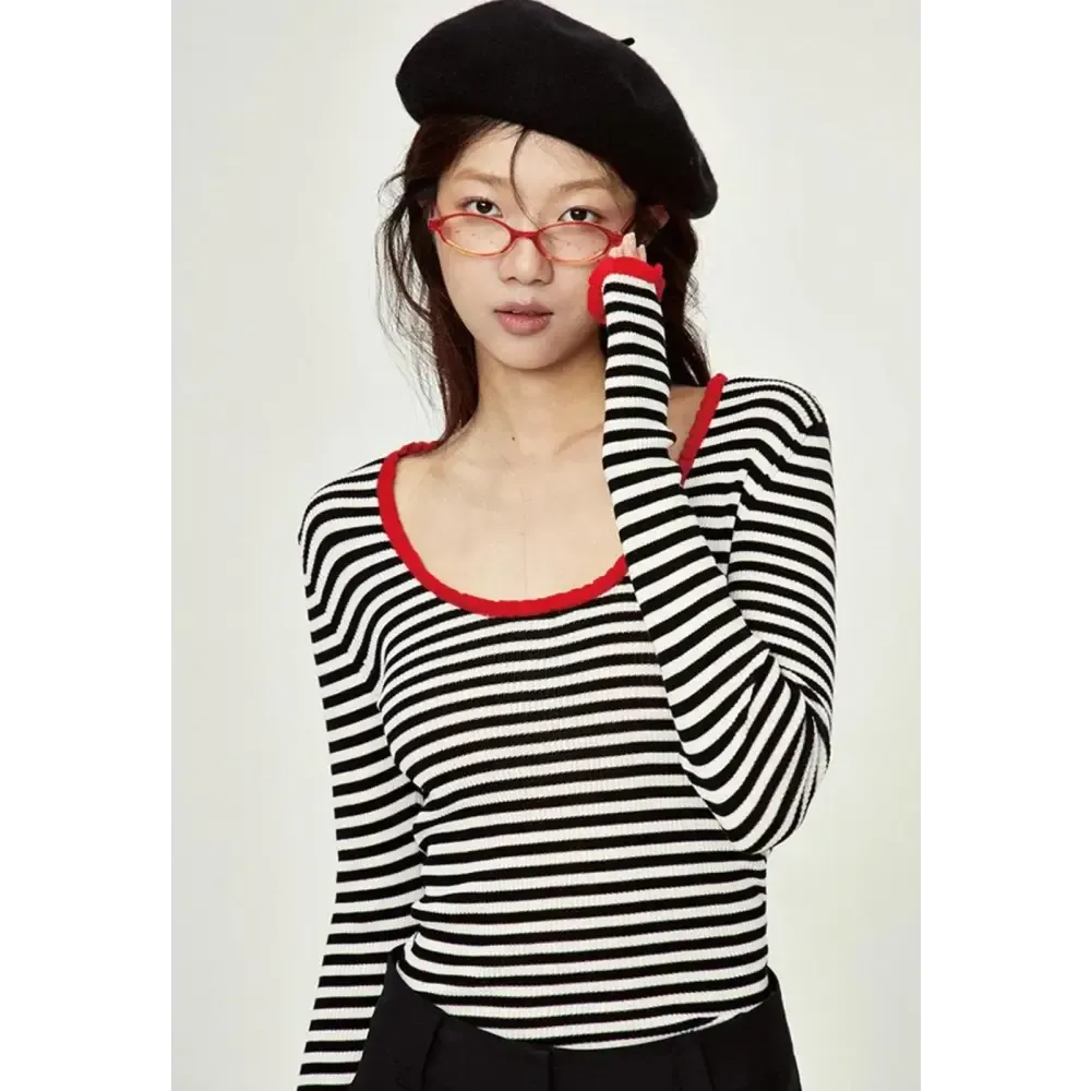 Chic Black and White Stripe Top with Scoop Neckline and Red Trim