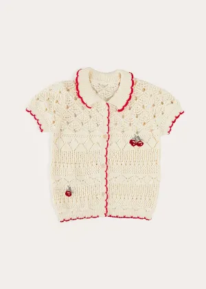 Crochet Cherry Detail Short Sleeve Cardigan in Beige (4-10yrs)