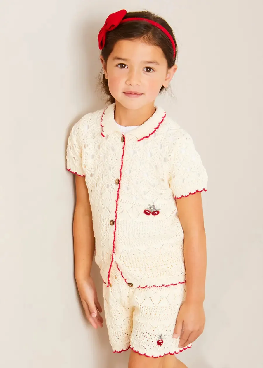 Crochet Cherry Detail Short Sleeve Cardigan in Beige (4-10yrs)