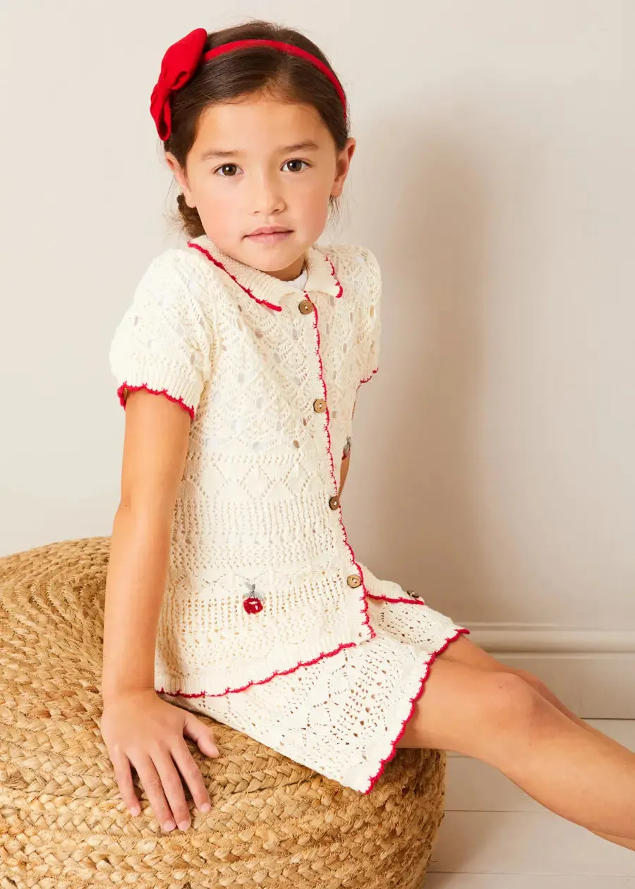 Crochet Cherry Detail Short Sleeve Cardigan in Beige (4-10yrs)