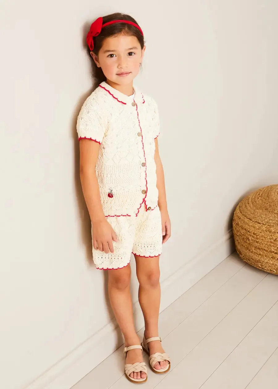Crochet Cherry Detail Short Sleeve Cardigan in Beige (4-10yrs)