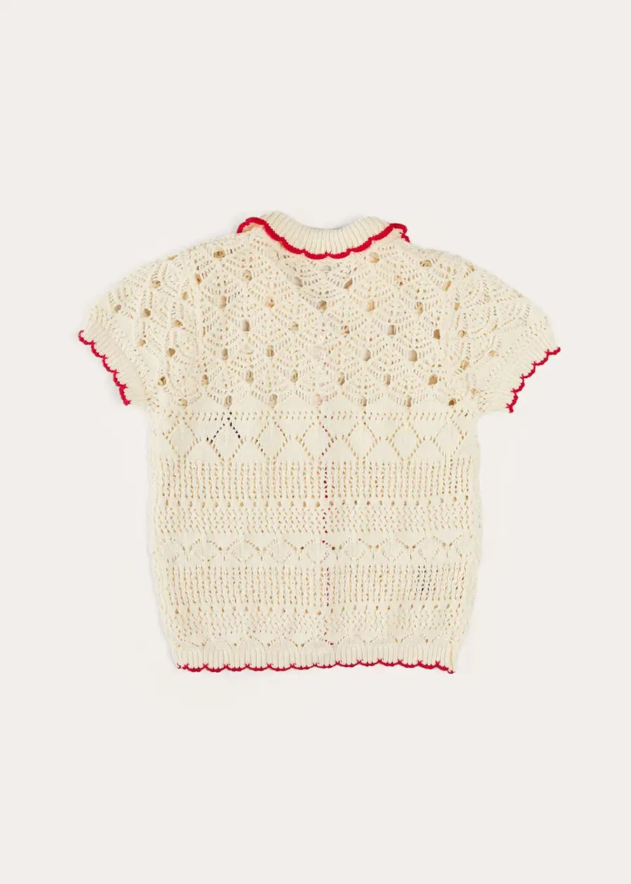 Crochet Cherry Detail Short Sleeve Cardigan in Beige (4-10yrs)