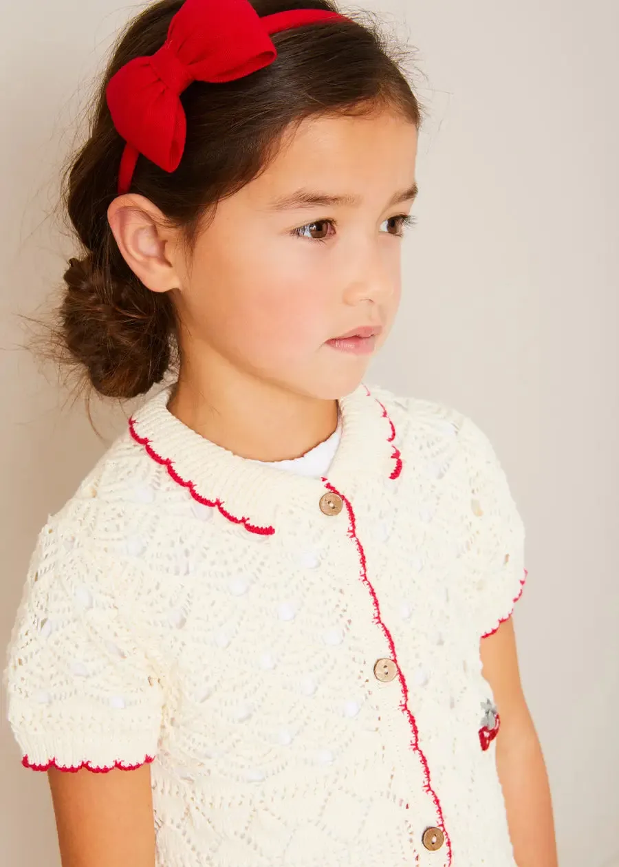Crochet Cherry Detail Short Sleeve Cardigan in Beige (4-10yrs)