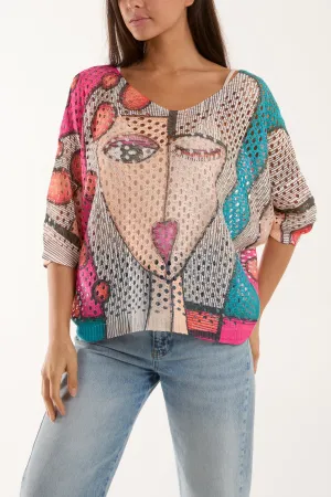 Crochet Knit Winking Face Top