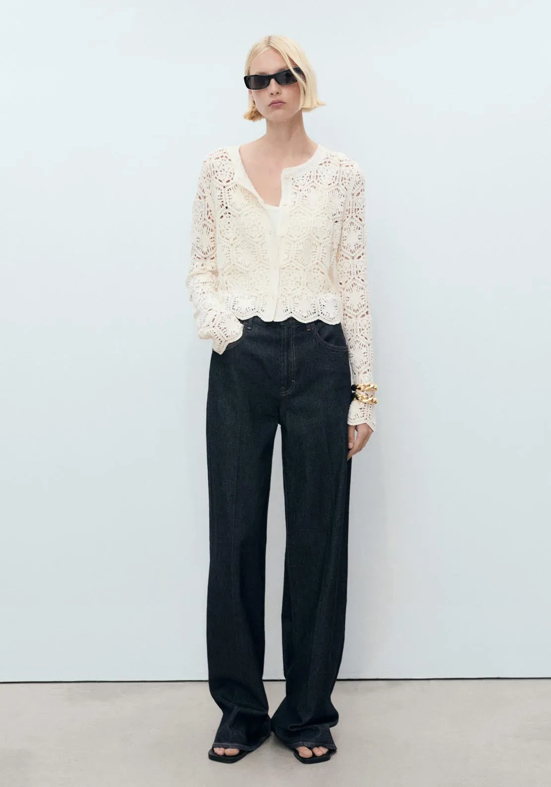 Crochet Knitted Cardigan - Light Beige