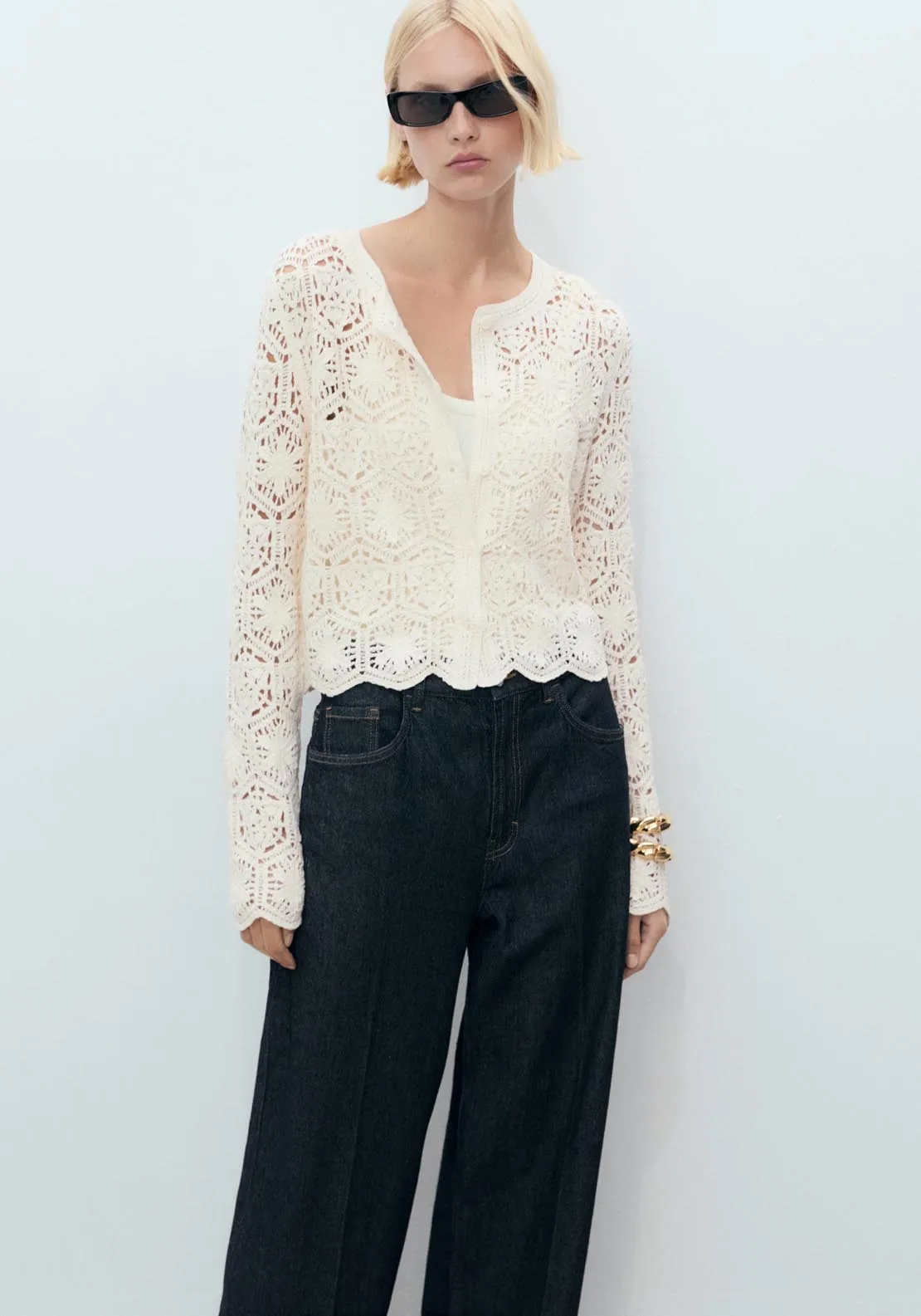 Crochet Knitted Cardigan - Light Beige