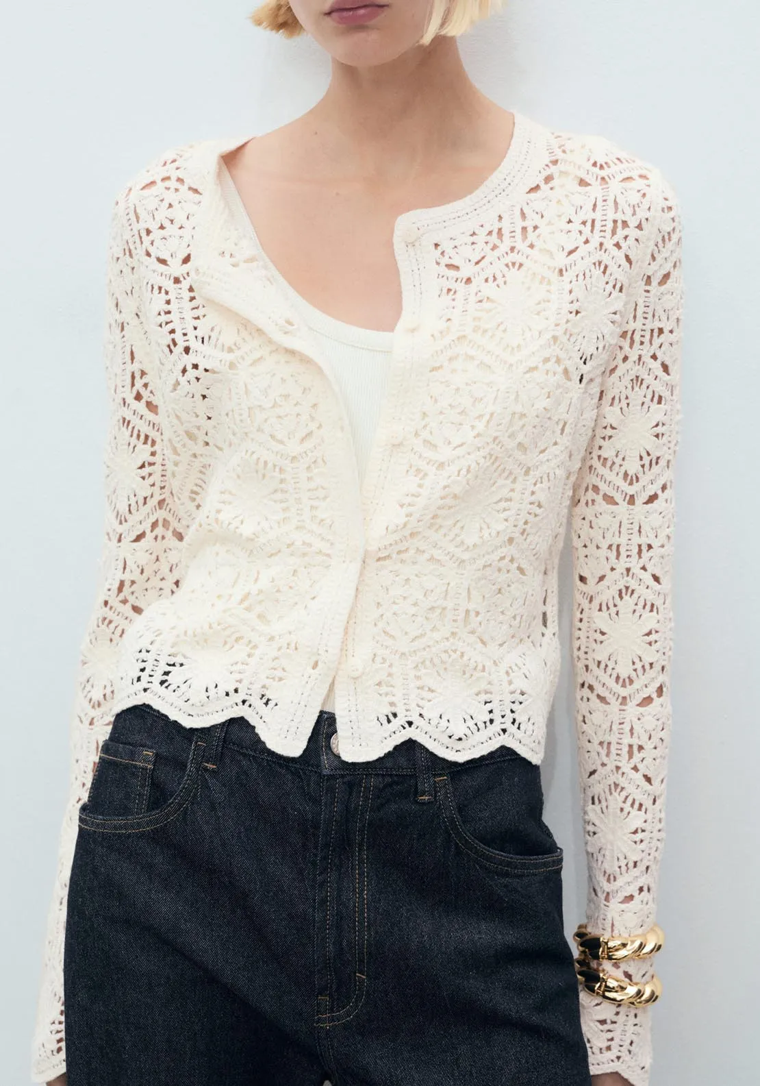 Crochet Knitted Cardigan - Light Beige