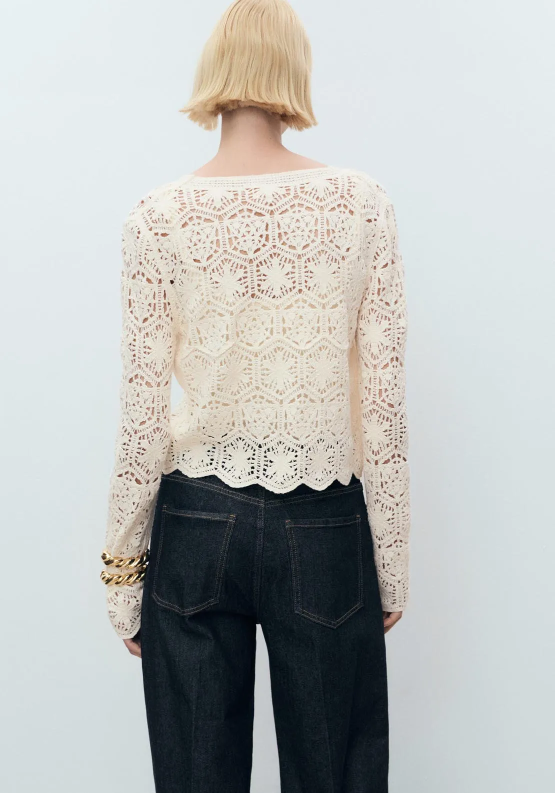 Crochet Knitted Cardigan - Light Beige