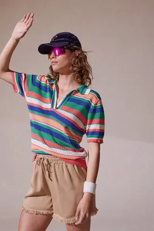 CROCHET LIKE STRIPED POLO SWEATER