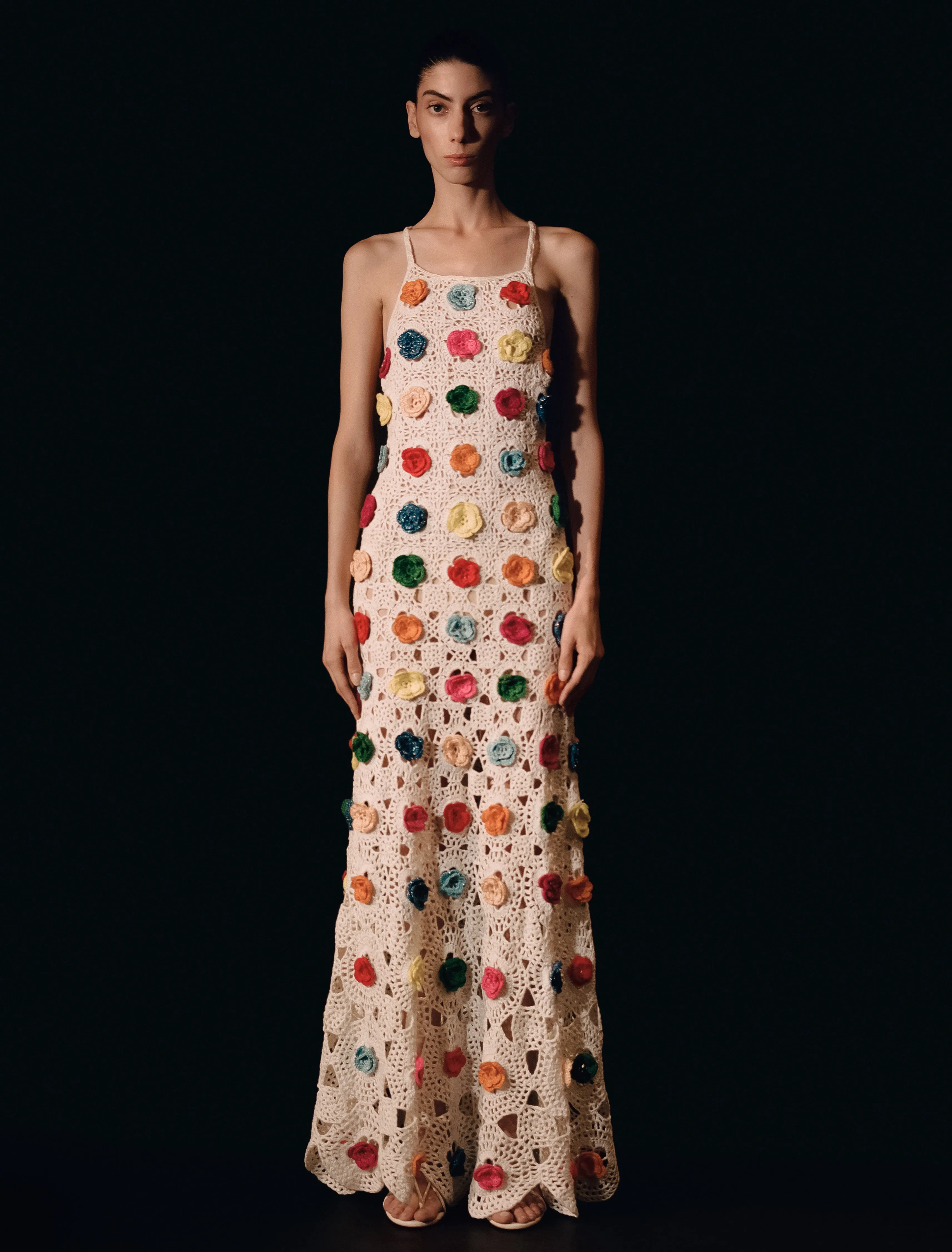 Crocheted Colorblocked Open-Back Maxi Dress
