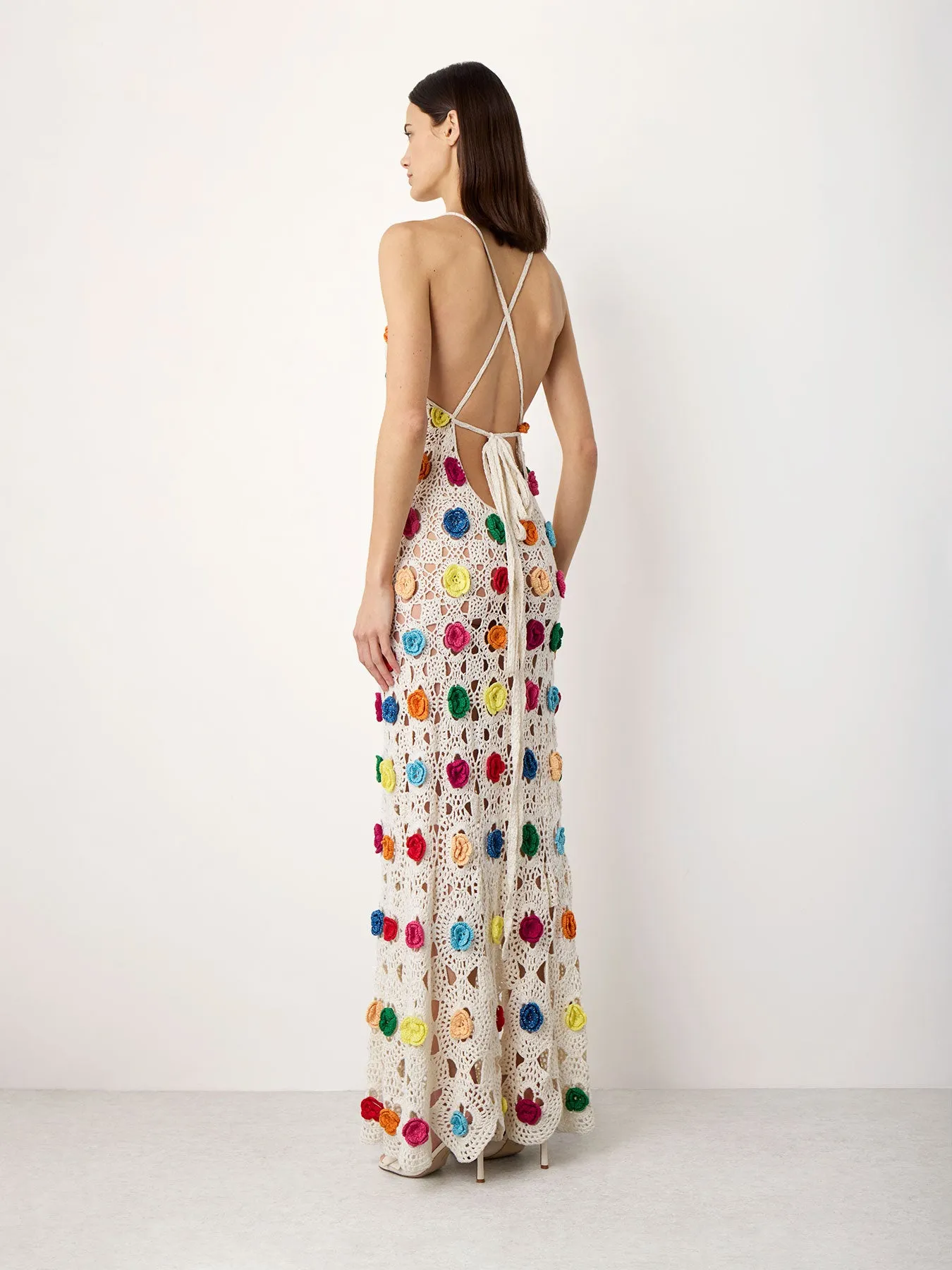 Crocheted Colorblocked Open-Back Maxi Dress