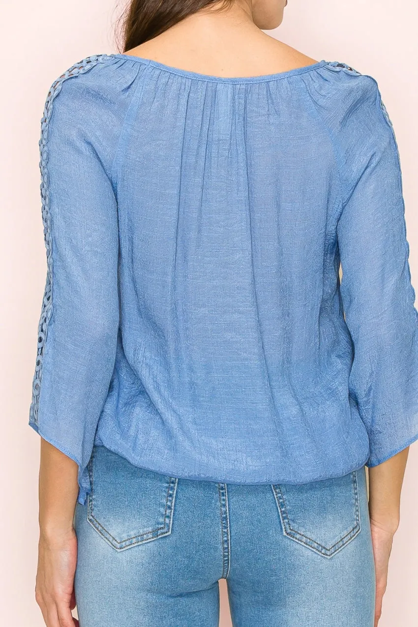 CROCKET WEDGE BUBBLE HEM PEASANT BLOUSE