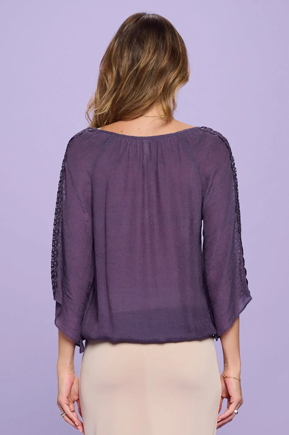 CROCKET WEDGE BUBBLE HEM PEASANT BLOUSE