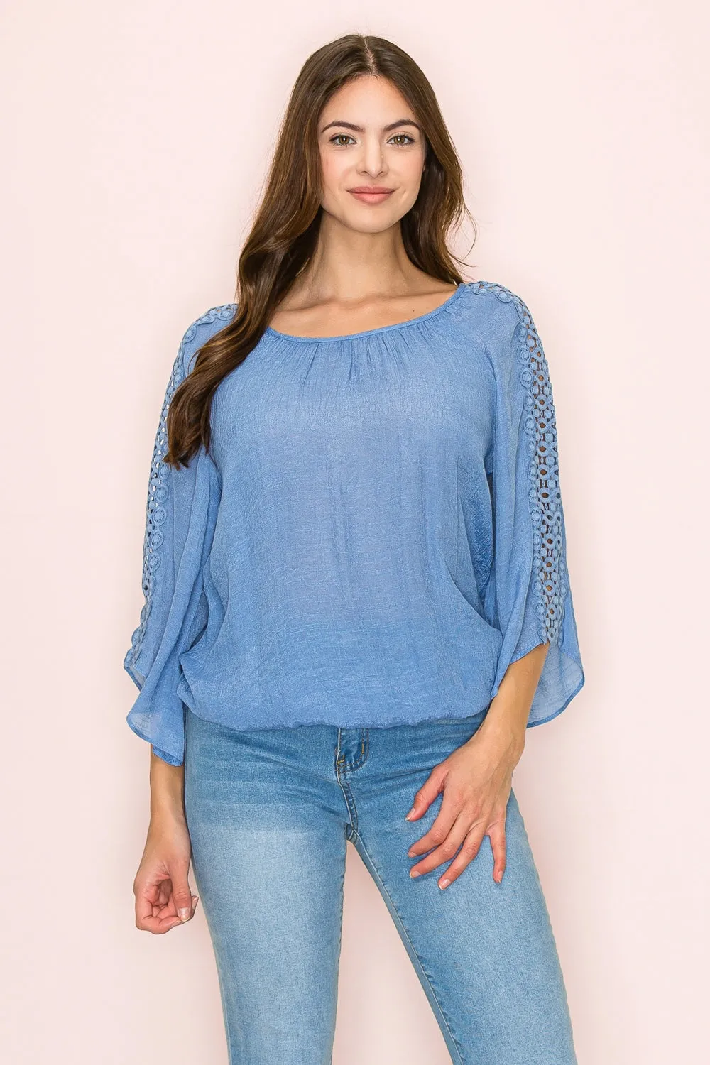 CROCKET WEDGE BUBBLE HEM PEASANT BLOUSE