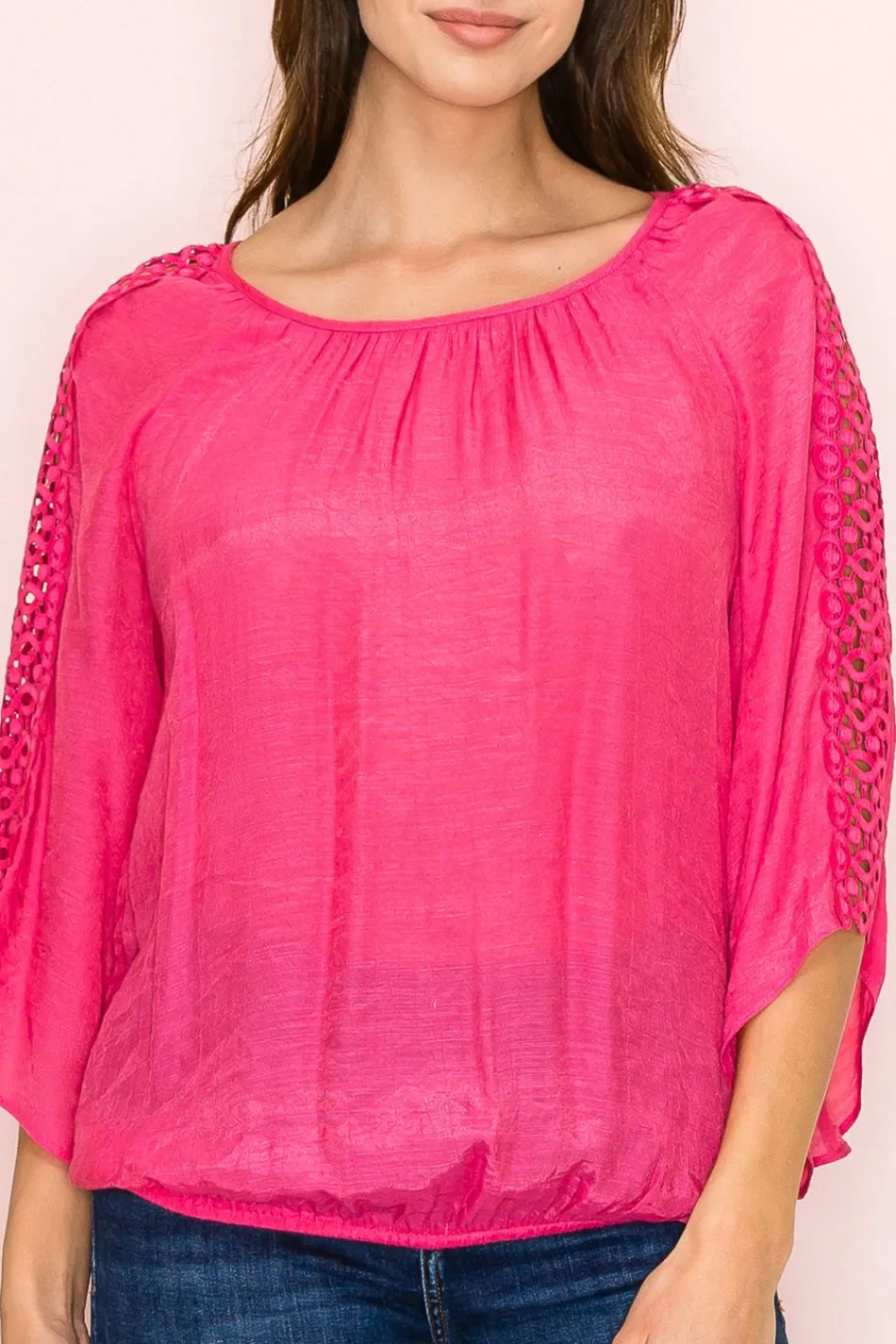 CROCKET WEDGE BUBBLE HEM PEASANT BLOUSE