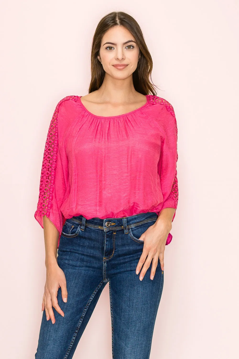 CROCKET WEDGE BUBBLE HEM PEASANT BLOUSE