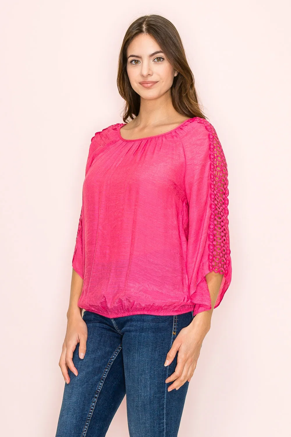 CROCKET WEDGE BUBBLE HEM PEASANT BLOUSE