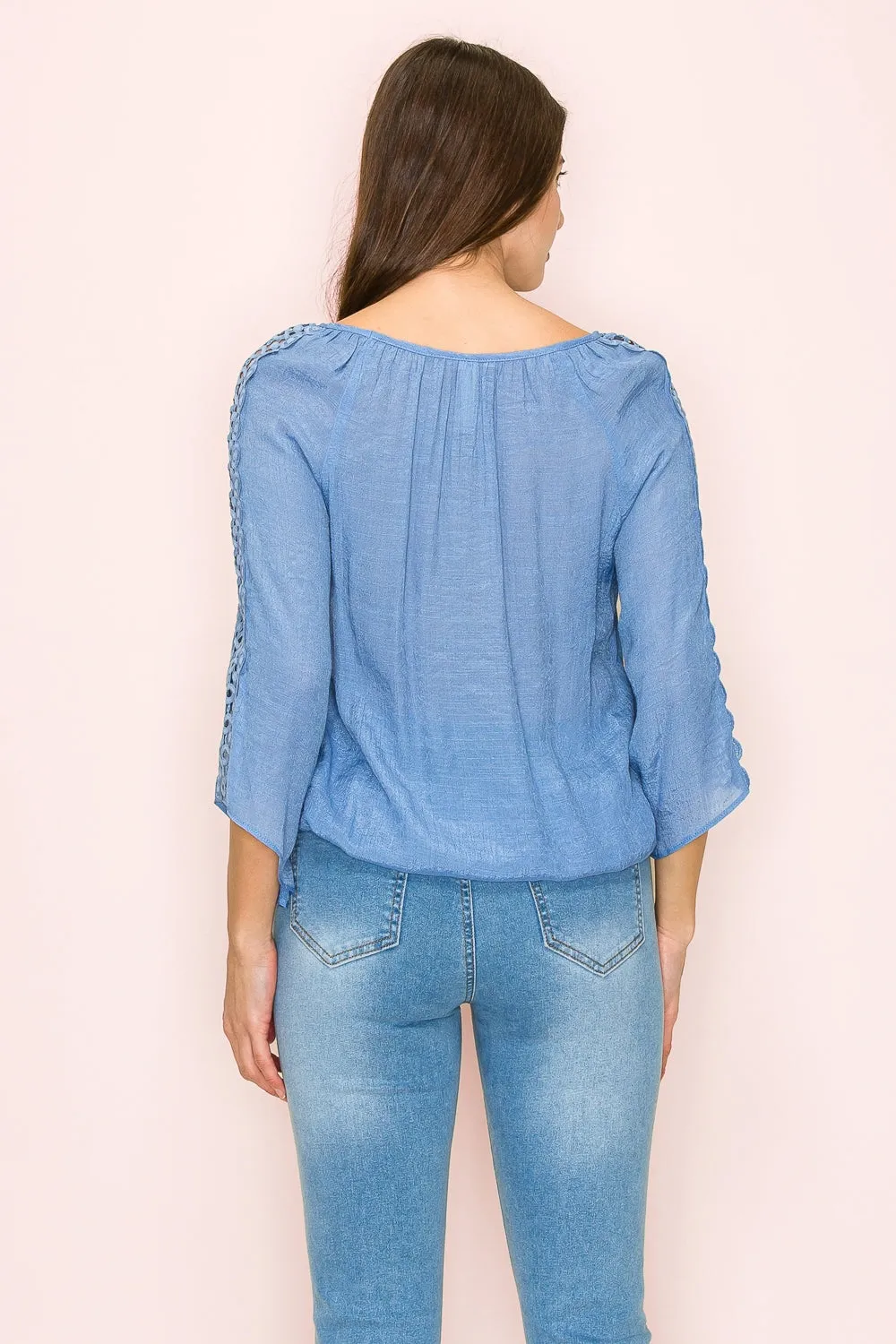 CROCKET WEDGE BUBBLE HEM PEASANT BLOUSE