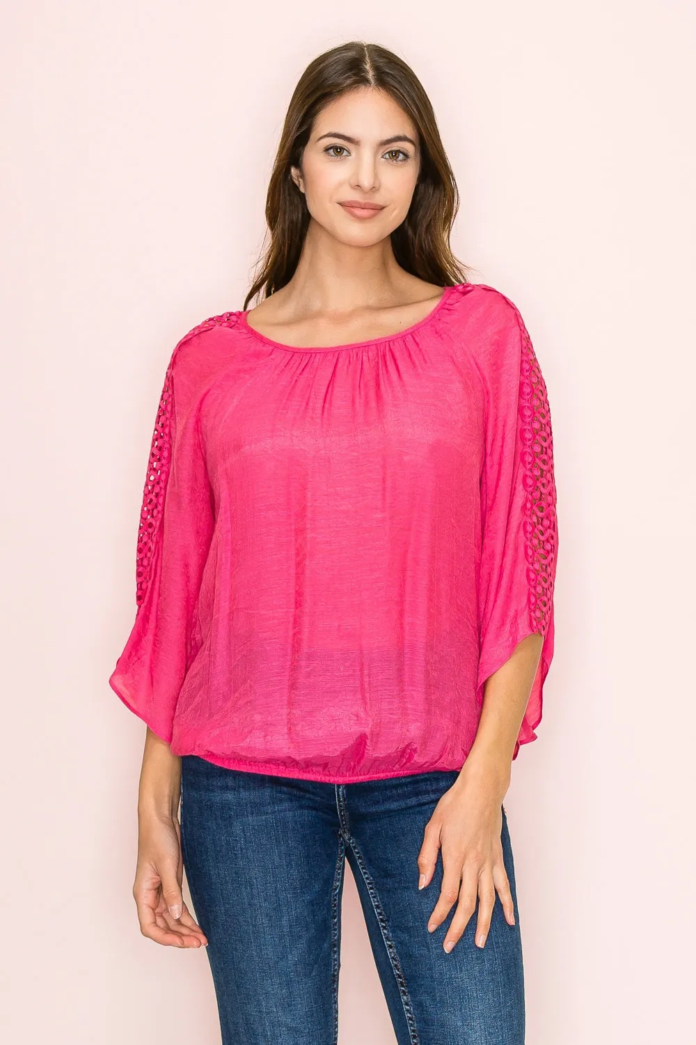 CROCKET WEDGE BUBBLE HEM PEASANT BLOUSE
