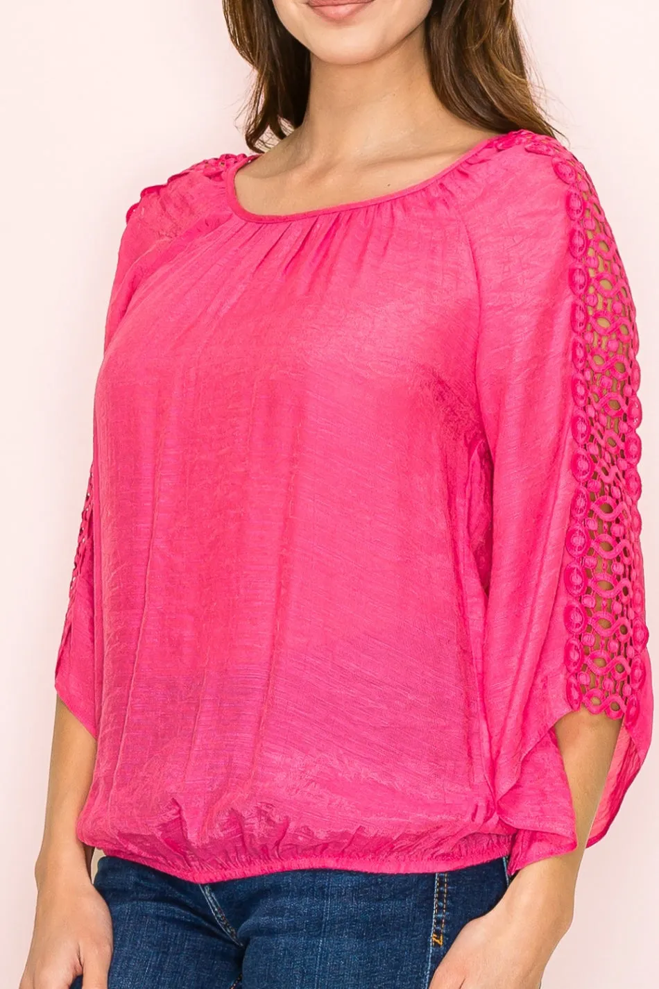 CROCKET WEDGE BUBBLE HEM PEASANT BLOUSE