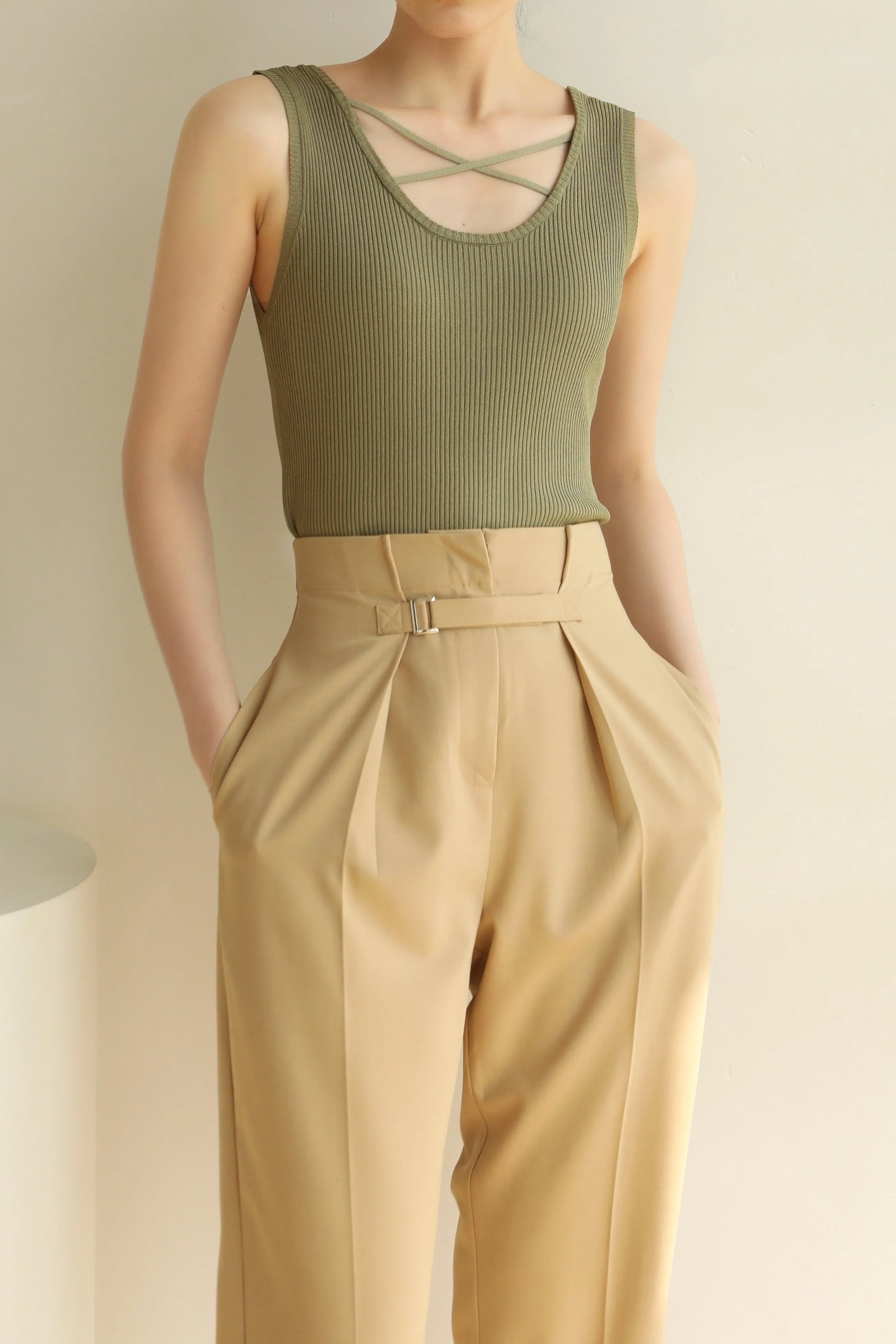 Cross Over Knit Tank - Khaki
