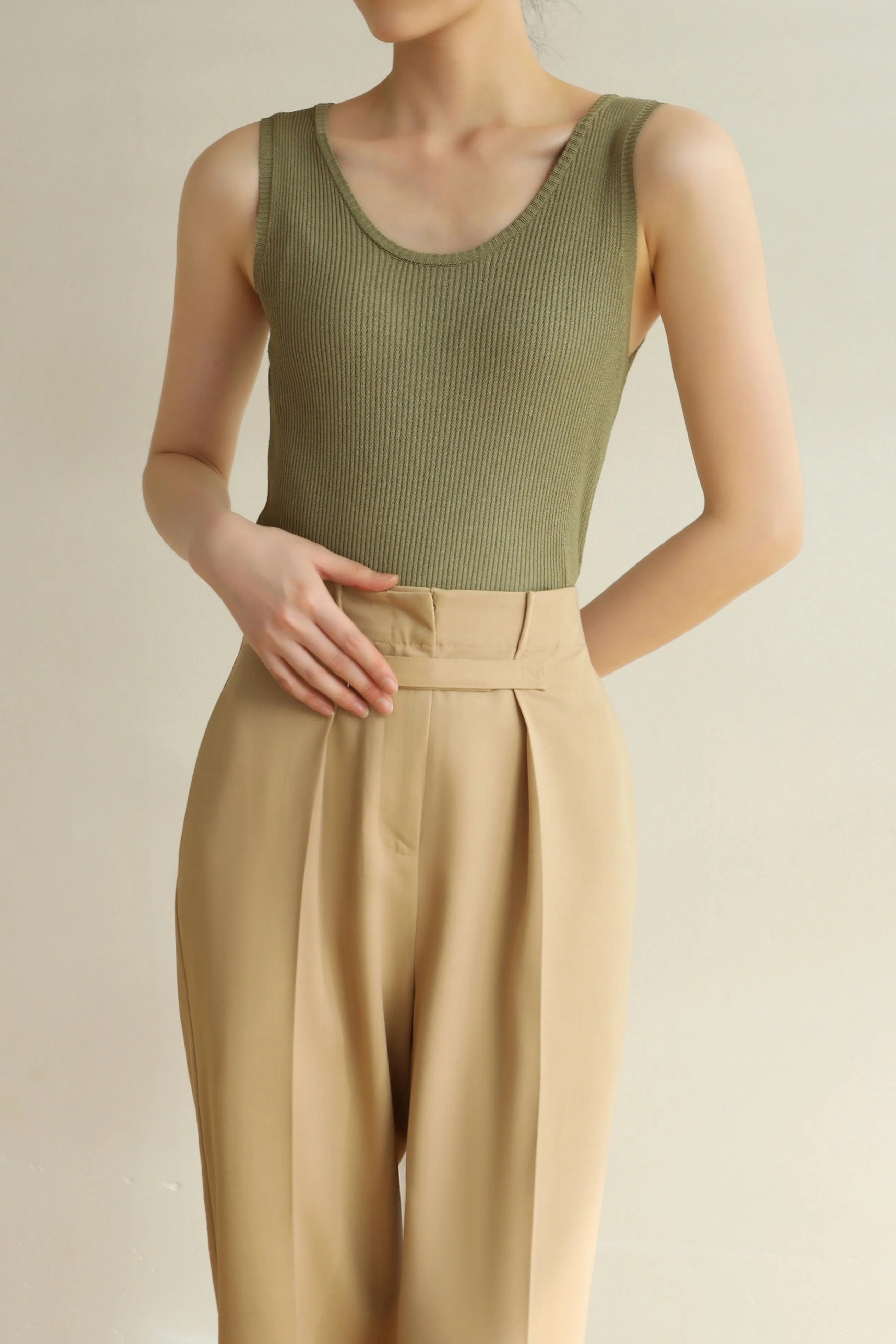 Cross Over Knit Tank - Khaki
