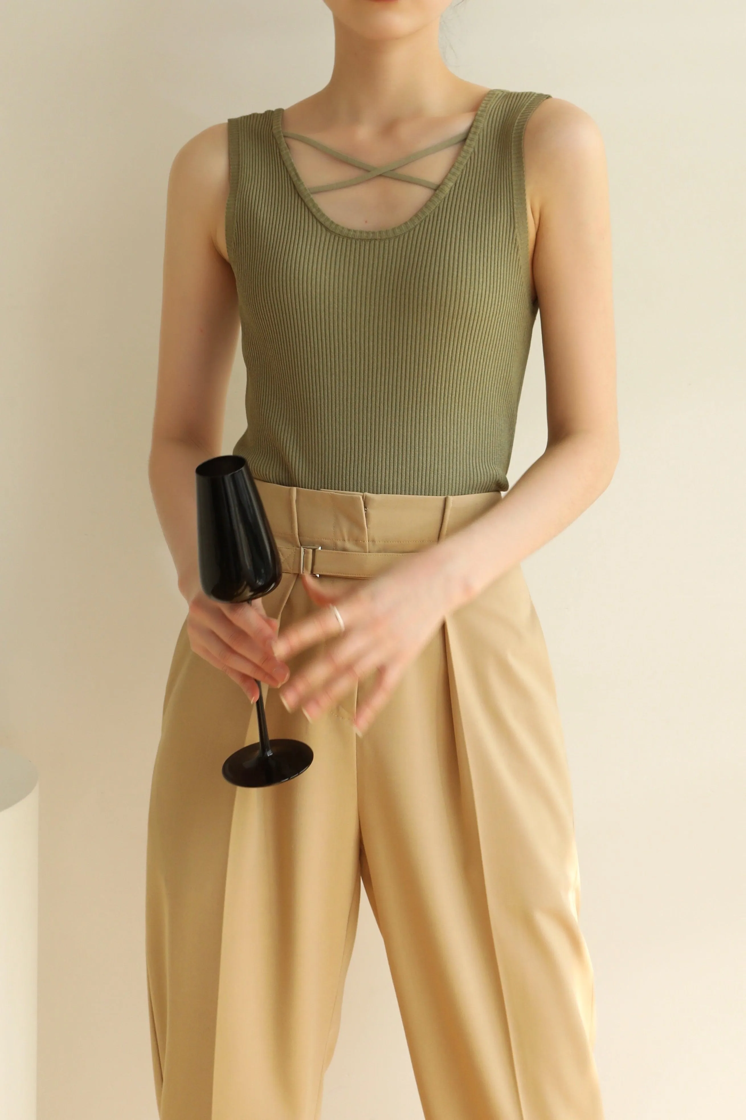 Cross Over Knit Tank - Khaki