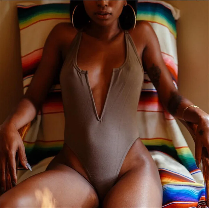 Deep V Neck Backless Kim Kardashian Style Bikini Bodysuit
