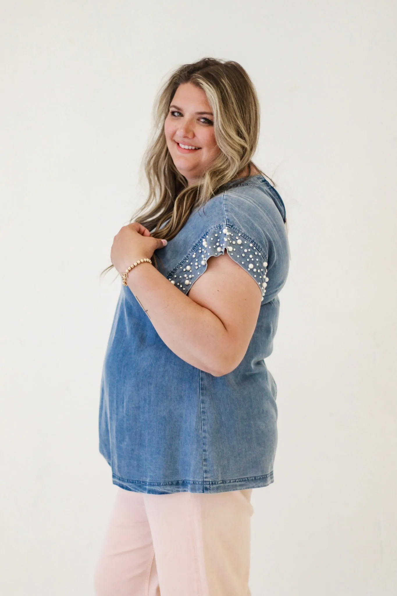 Denim Dreams Pearl Embellished Top
