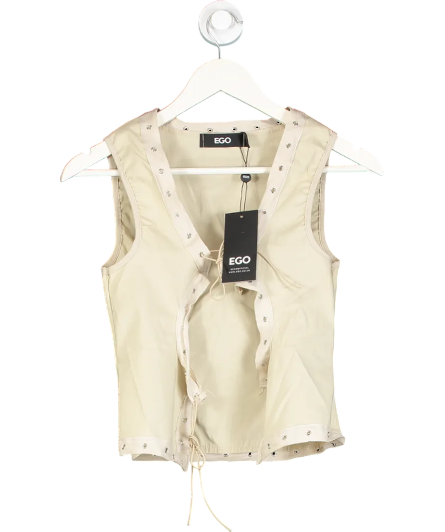 Ego Beige Sleeveless Eyefront Detail Tie Front Top UK 8