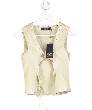 Ego Beige Sleeveless Eyefront Detail Tie Front Top UK 8