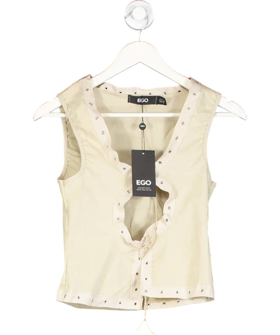 Ego Beige Sleeveless Eyefront Detail Tie Front Top UK 8