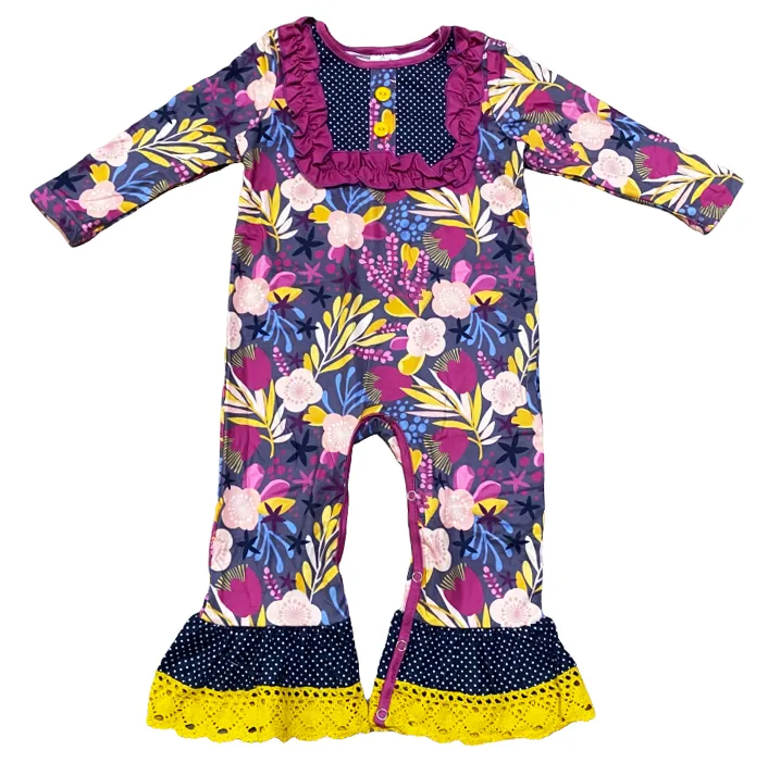 Fall Plum Floral Baby Girls Dress Up Ruffle Long Sleeve Romper