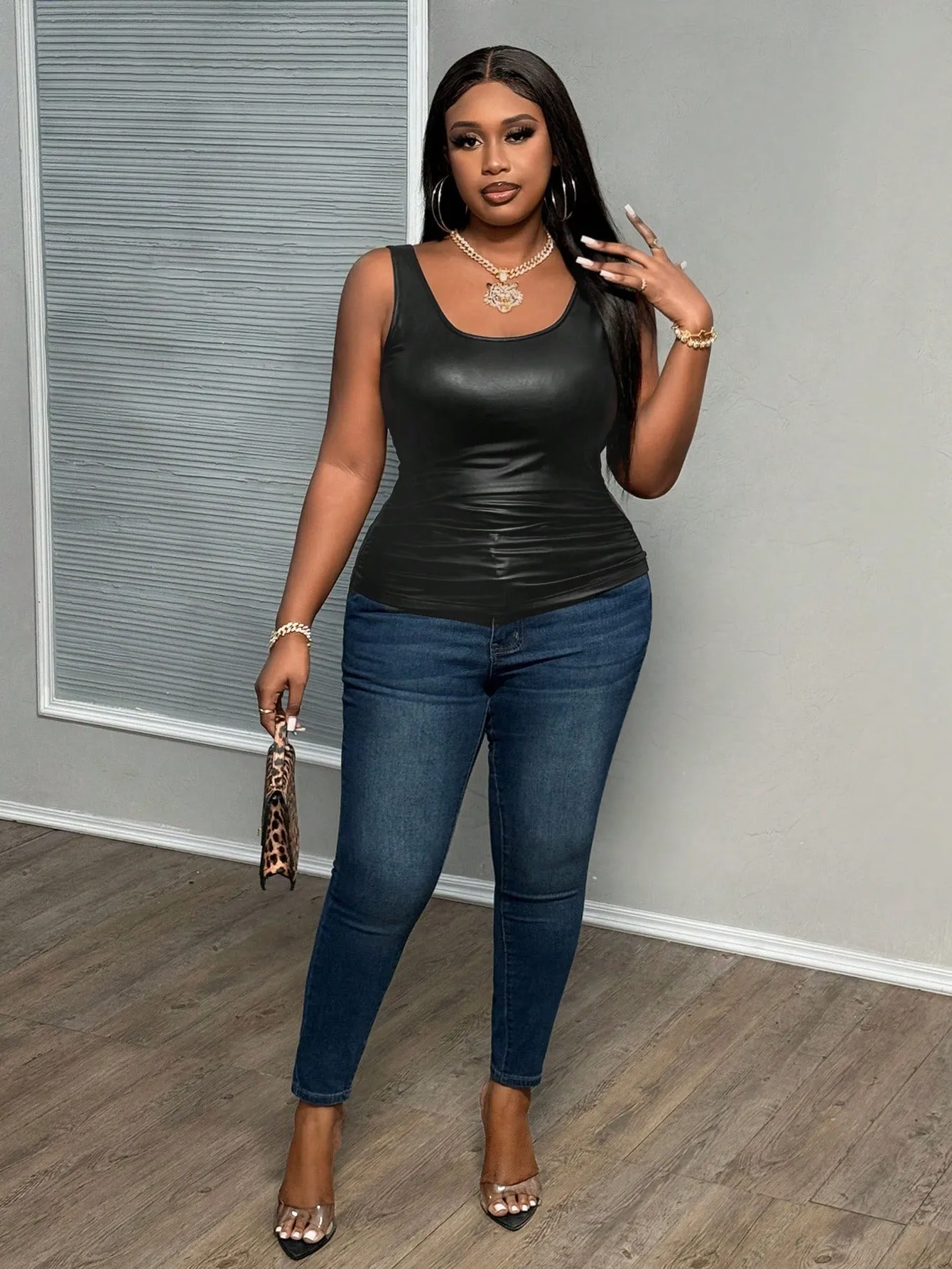 Faux Leather Tank Top with Scoop Neck