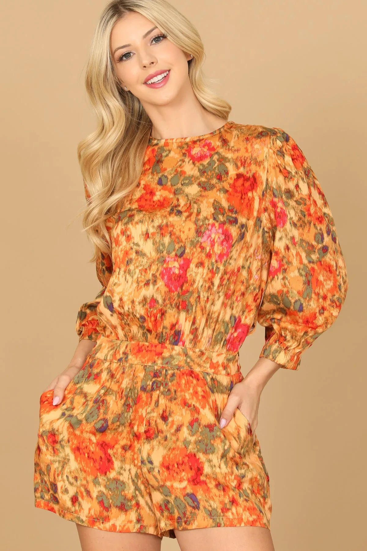 FLORAL PUFF SLEEVE PAINTERLY PRINT ROMPER