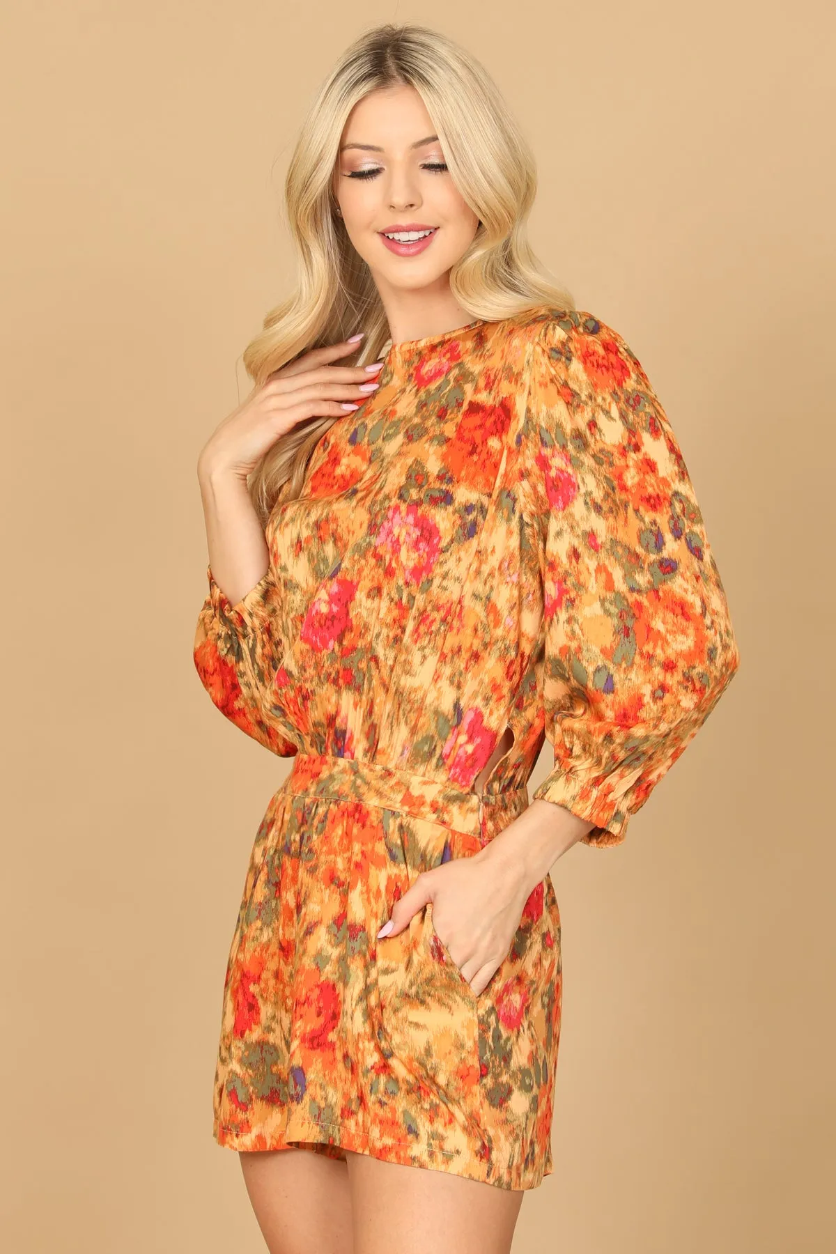 FLORAL PUFF SLEEVE PAINTERLY PRINT ROMPER