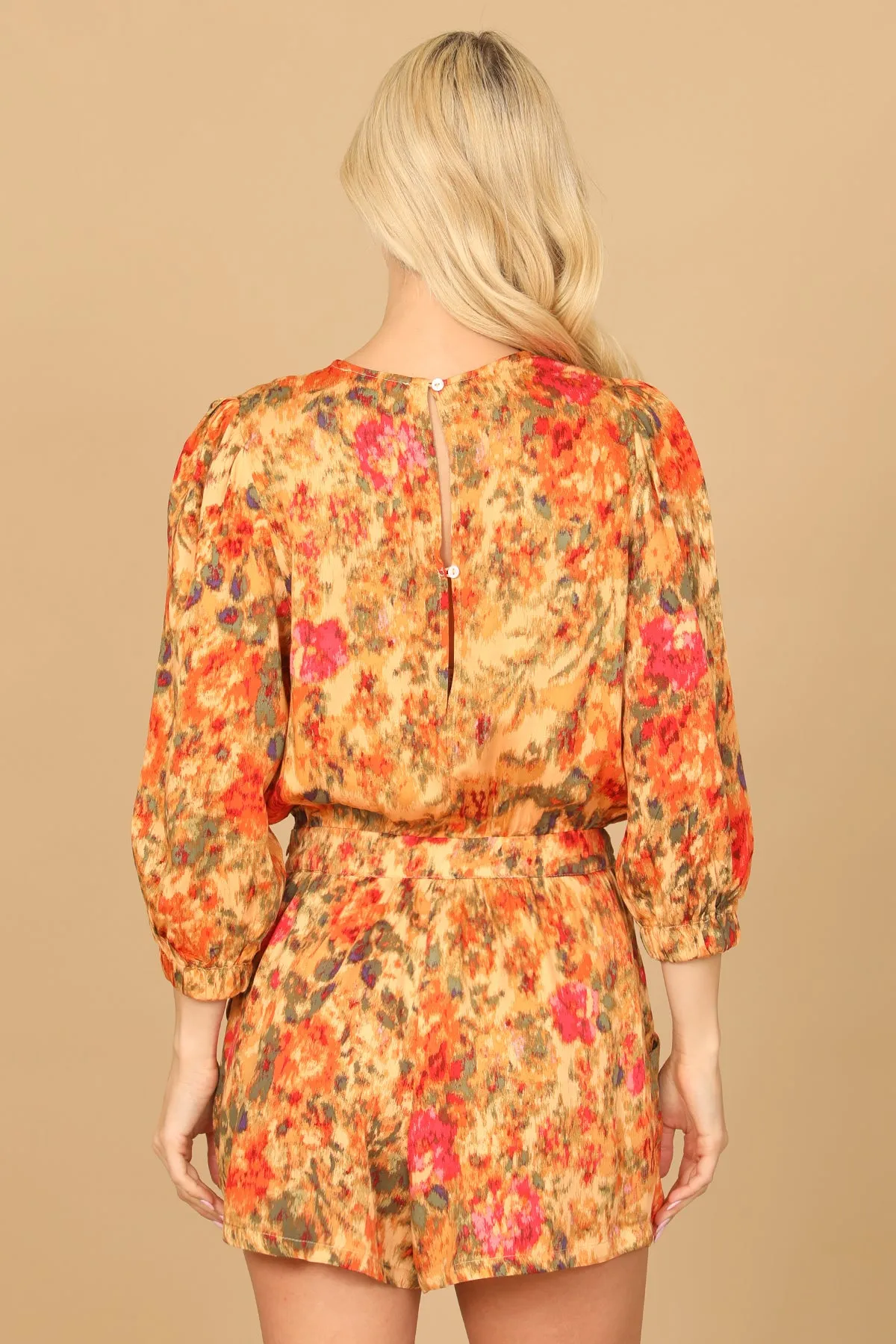FLORAL PUFF SLEEVE PAINTERLY PRINT ROMPER