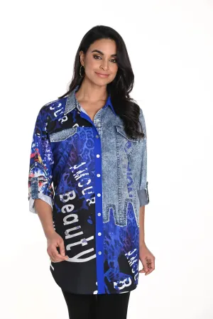 Frank Lyman Blue/Black Embellished Roll-Tab Shirt 243528U VIP