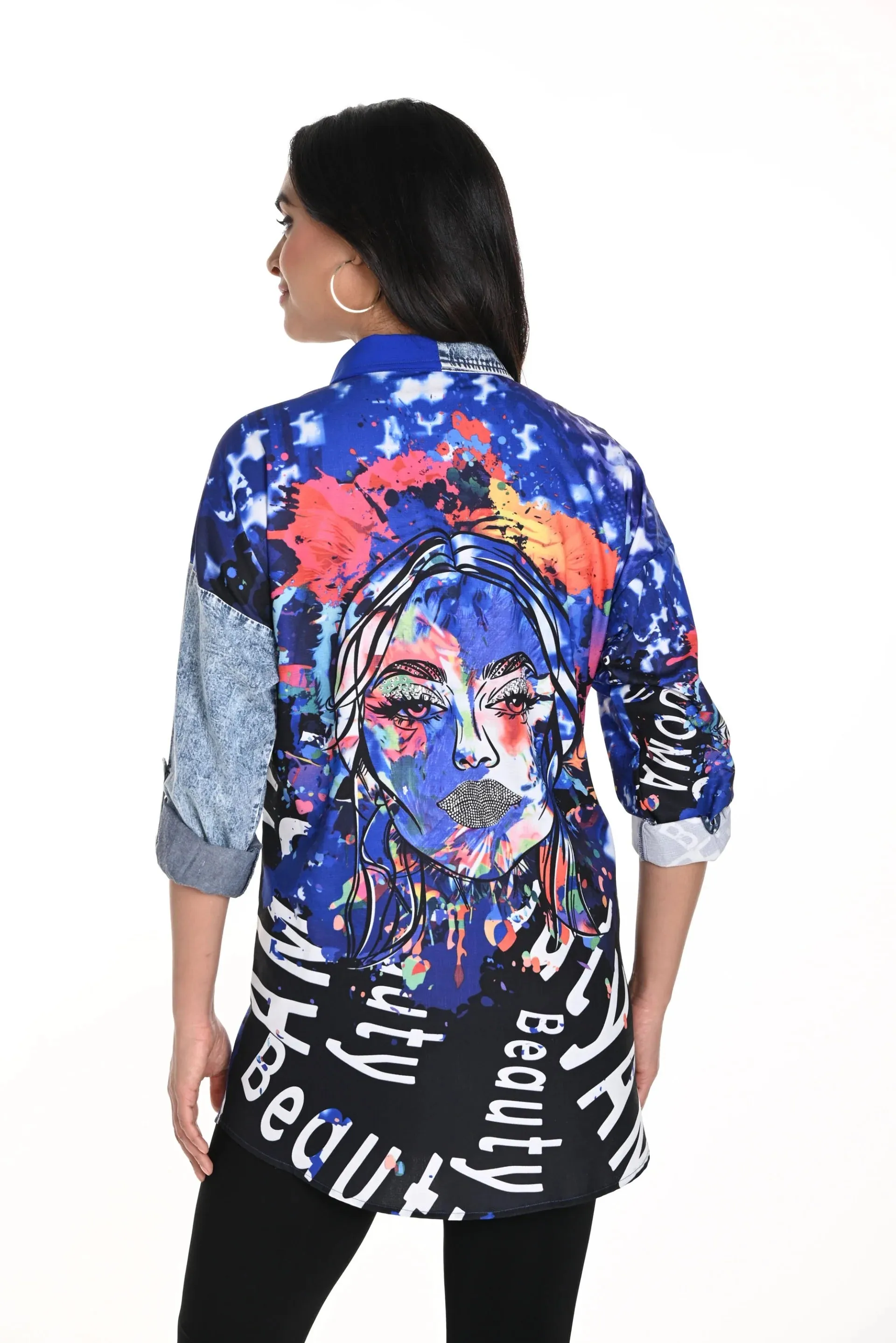 Frank Lyman Blue/Black Embellished Roll-Tab Shirt 243528U VIP