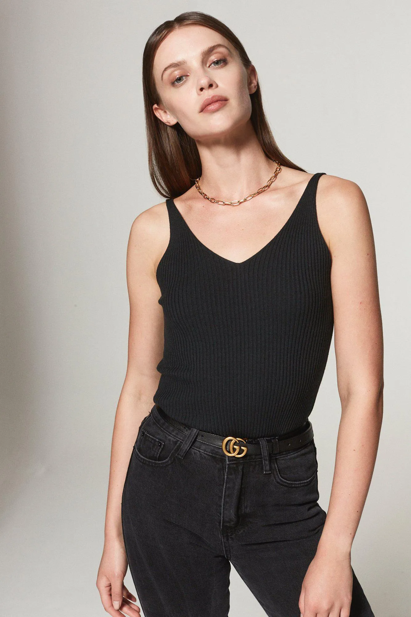 Gigi Ribbed Knit Tank Top - Black