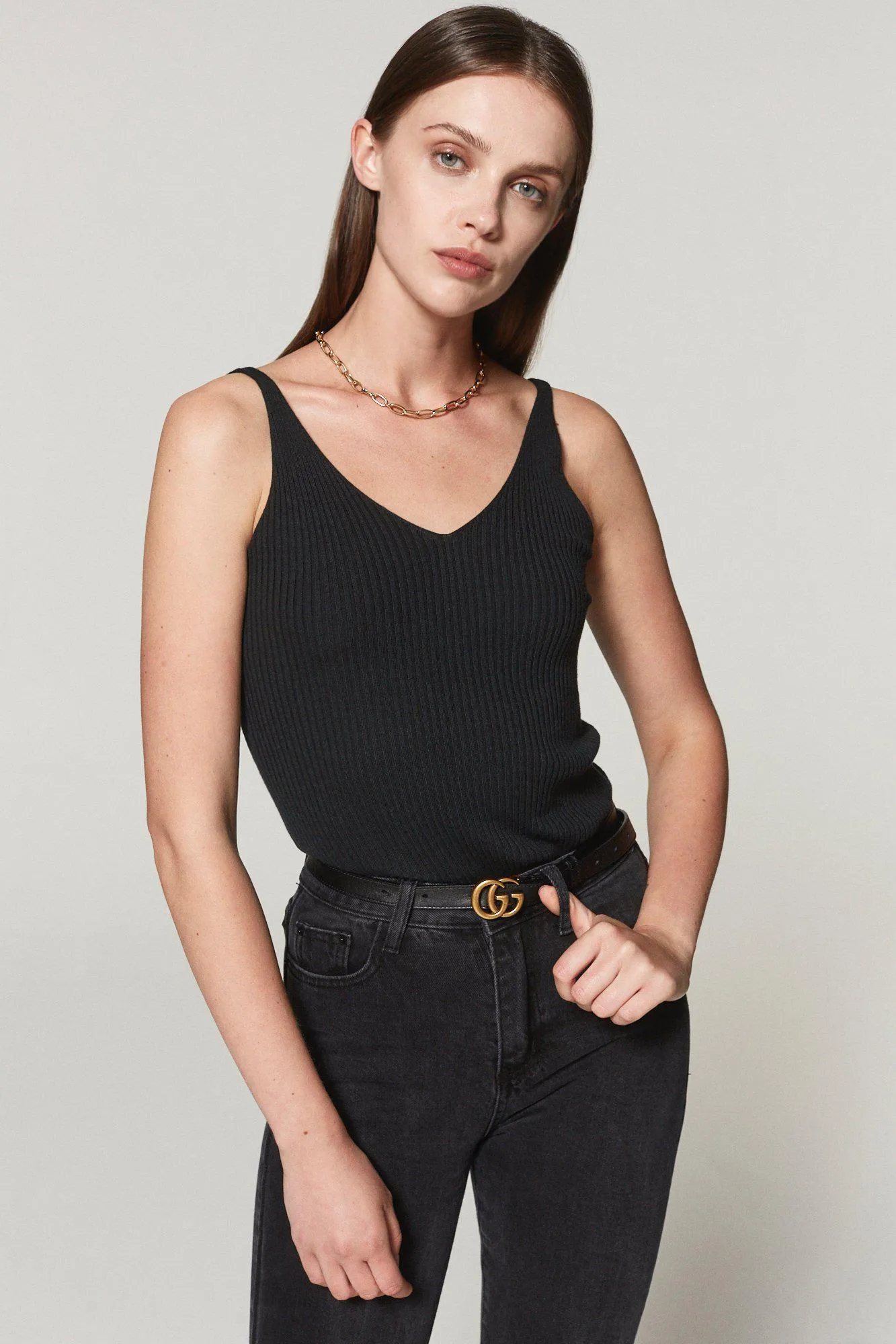 Gigi Ribbed Knit Tank Top - Black